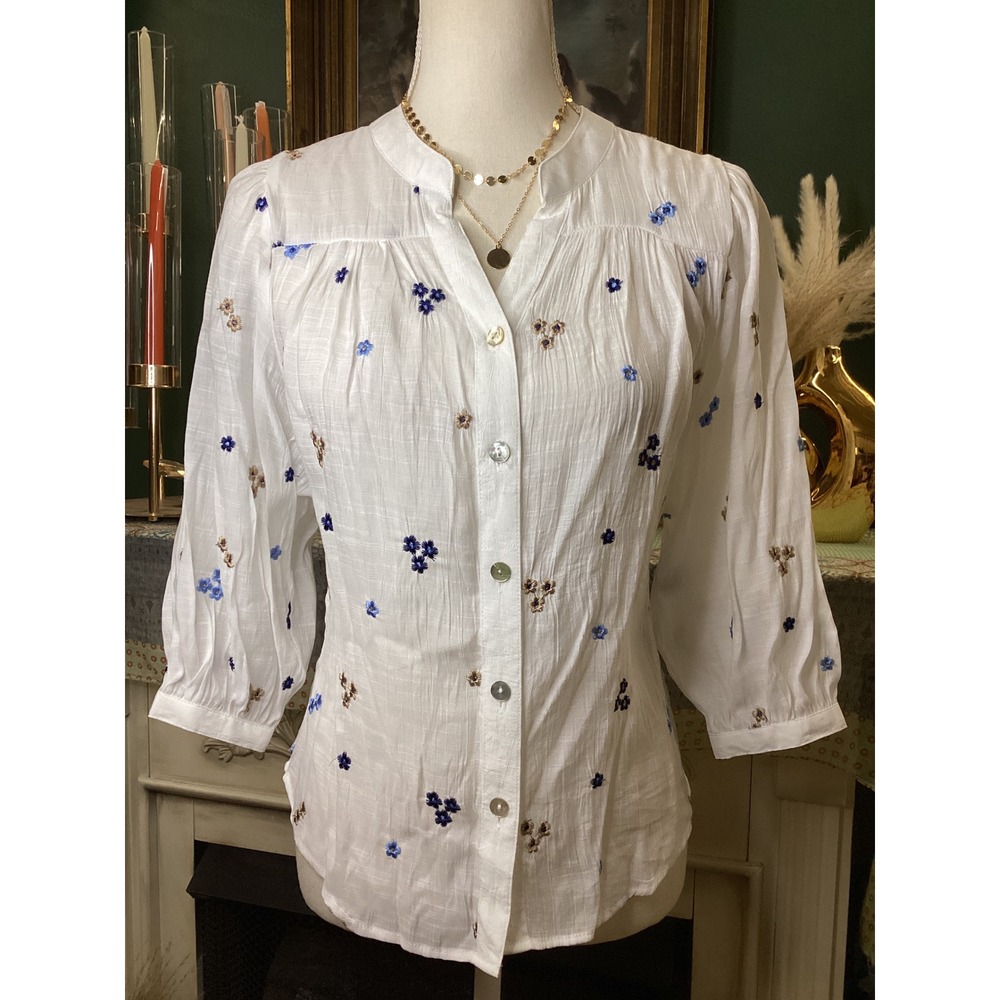 Fig + Flower White Floral Embroidered Button Up Blouse PS From Anthropologie